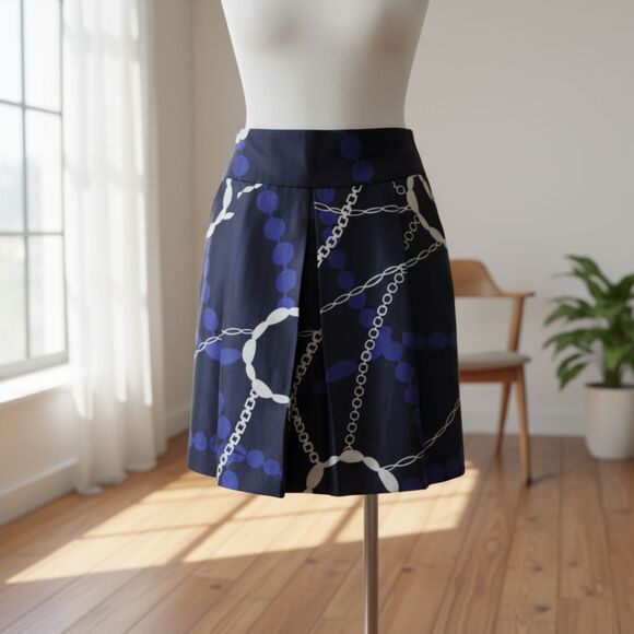 Talbots Collection Silk Linen Skirt Blue White Nautical Preppy Chain Print 8 - Picture 8 of 9